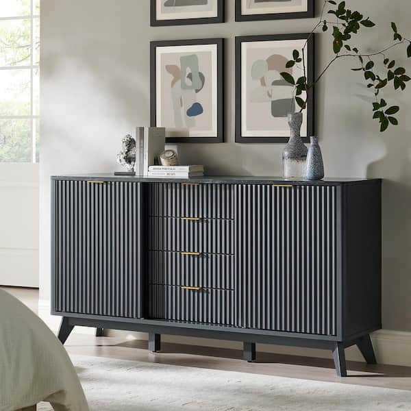 Dark Grey 32 in. Fluted Accent Storage Cabinet with Sliding Doors and 4-Drawers