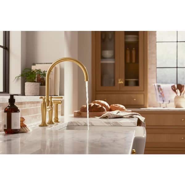 KOHLER Edalyn By Studio McGee Double-Handle 2-Hole Bridge Kitchen Faucet With Side Sprayer in Vibrant Brushed Moderne Brass