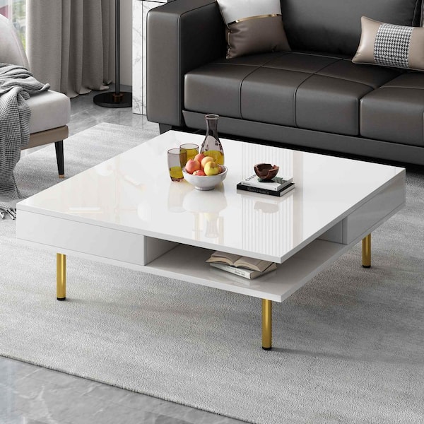 Polibi 33.4 in. White Square Wood Coffee Table with 4 Golden Legs and 2 Small Drawers