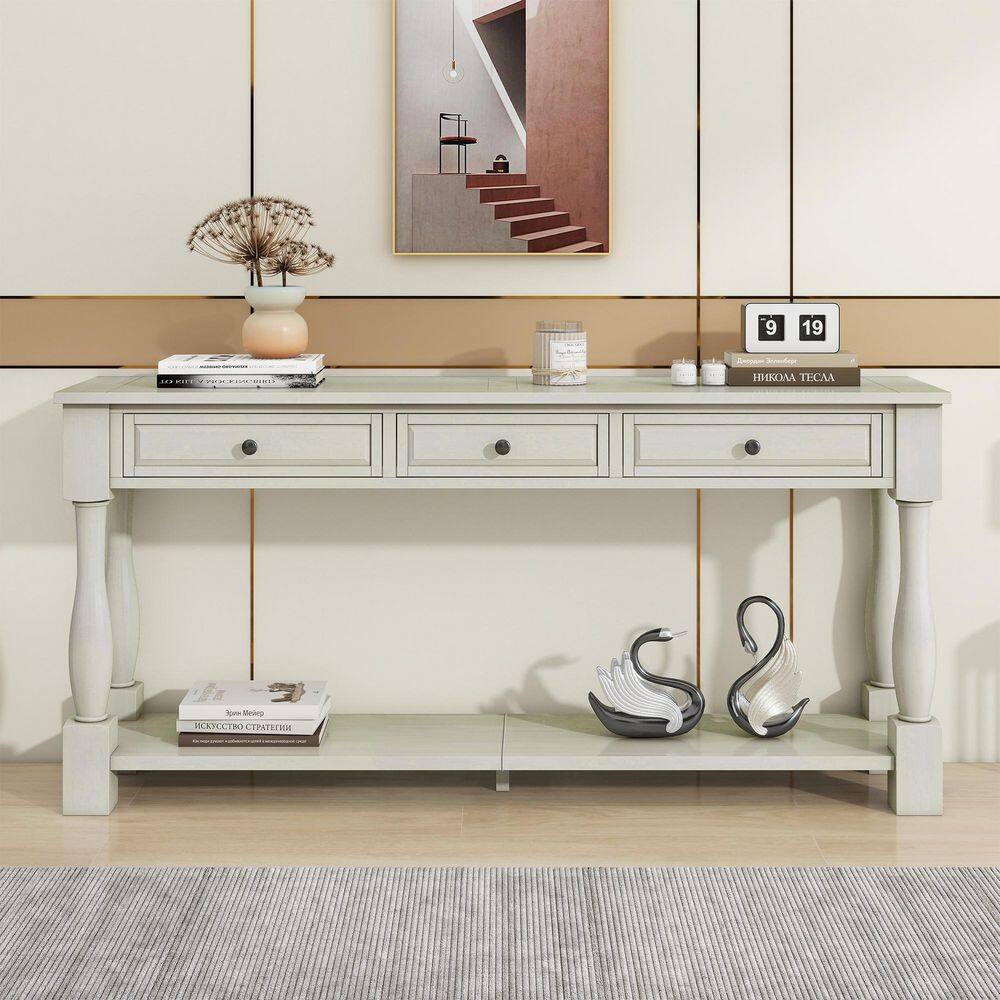 Polibi 63 in. Antique White Rectangle Wood Console Table with Drawers ...