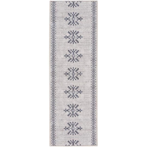 57 Grand Machine Washable Ivory/Charcoal 2 ft. x 6 ft. Center Medallion Contemporary Runner Area Rug
