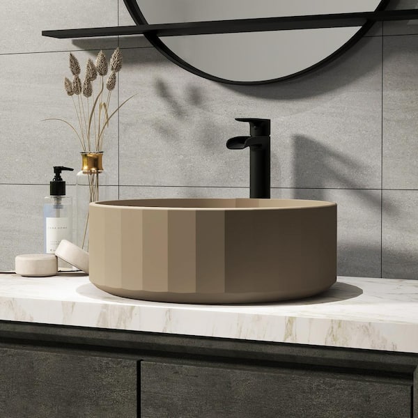 Concrete Stripes Design Round Bathroom Vessel Sink Art Basin in Taupe Clay with The Same Color Drainer