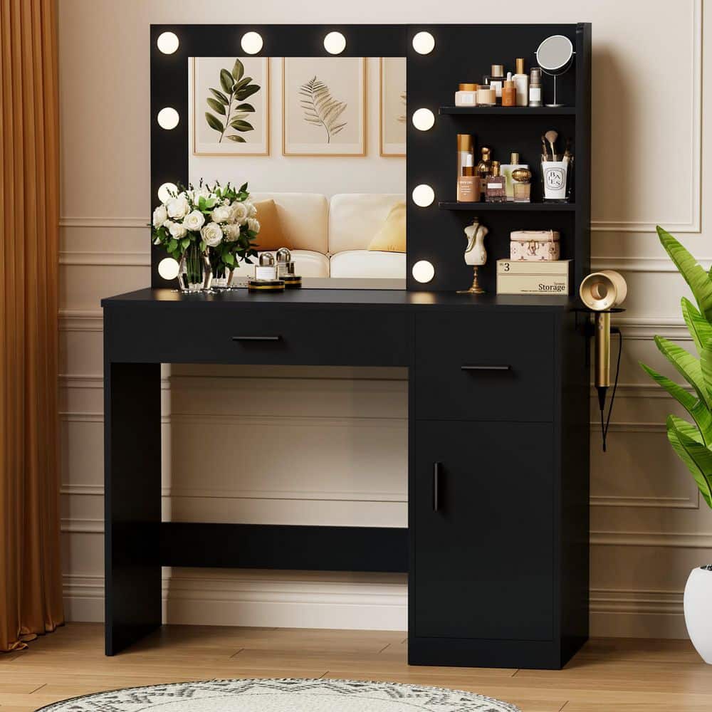 Vanity Desk with Lighted Mirror & Power Outlet, Makeup Vanity with Drawer & Cabinet White - thumbnail 8