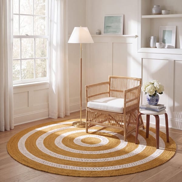 Braided 6 ft. x 6 ft. Gold/Ivory Stripe Round Rug