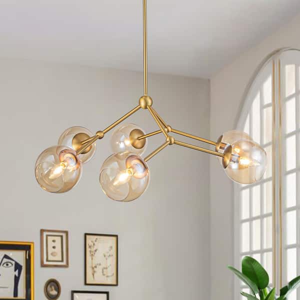 Antonio 6-Light 33.1 in. W Brushed Gold Chandelier Chandelier Sputnik Chandelier with Amber Glass for Living Room