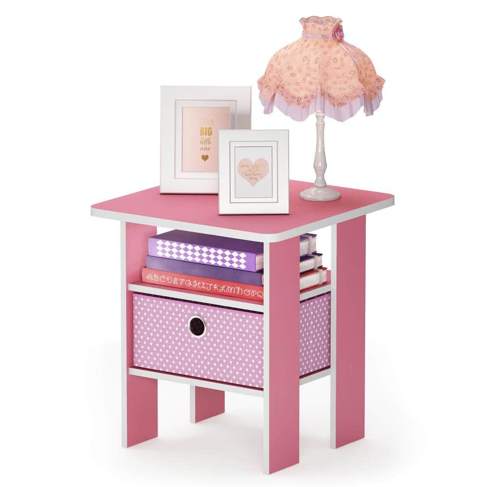 Pink and White Particle Board End Table with Fabric Drawer