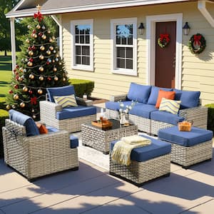 Kelley's 8-Piece Wicker Modern Outdoor Patio Conversation Sofa Seating Set with a LED Table and Sky-Blue Cushions