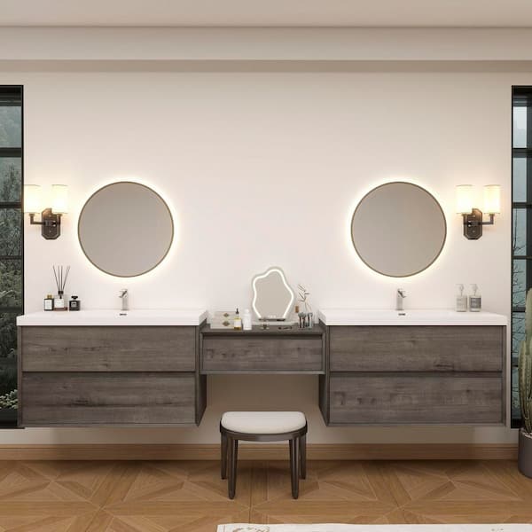 Kingdee 112 in. W x 20 in. D x 26 in. H Double Sink Middle Table Counter Bath Vanity in Smoke Oak with White Acrylic Top