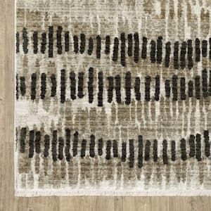 4' X 6' Beige Ivory Charcoal Brown Tan And Grey Abstract Power Loom Stain Resistant Area Rug With Fringe