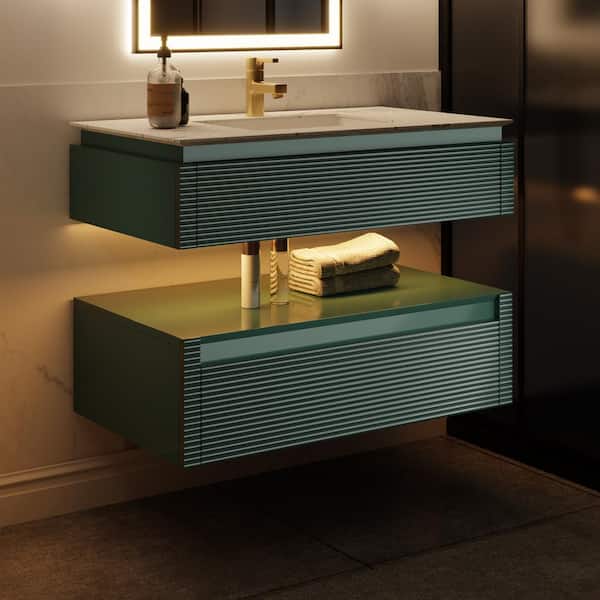 ES-DIY Marble Lux 36 in. W. x 20.8 in. D x 29.6 in. H Floating Bathroom Vanity with 1-Sink in Green with White Marble Top