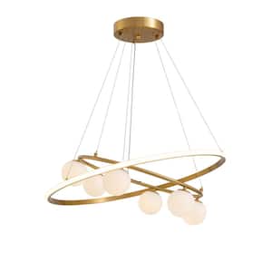 27.6 in. 6-Light Brass LED Bubbble 2 Ring Chandelier for Foyer Dining Room