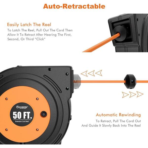 ReelWorks Retractable Extension Cord Reel 14AWG x 50' 3CSJTOW Strip Cable  Triple Tap Glow Connector SRT Tech