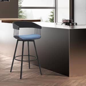 Athena Swivel 31 in. Blue/Black Metal/Wood Bar Stool with Blue Fabric Seat