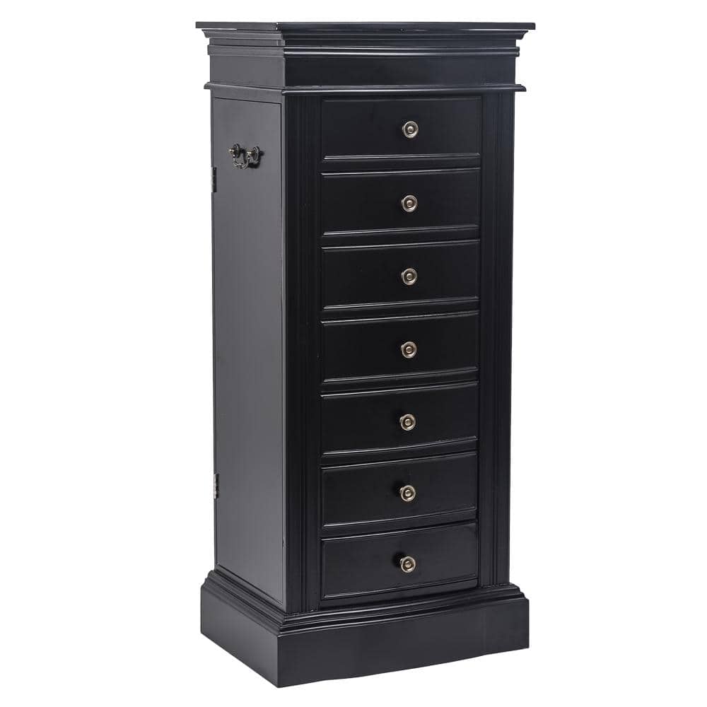 Black MDF Freestanding Jewelry Armoire with Mirror and 7 Drawers