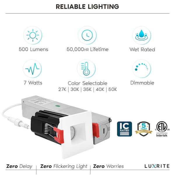 1 in. Square LED Recessed Light J-Box 7-Watt 5 Color Selectable 2700K-5000K 500 Lumens Dimmable Wet Rated IC Rated