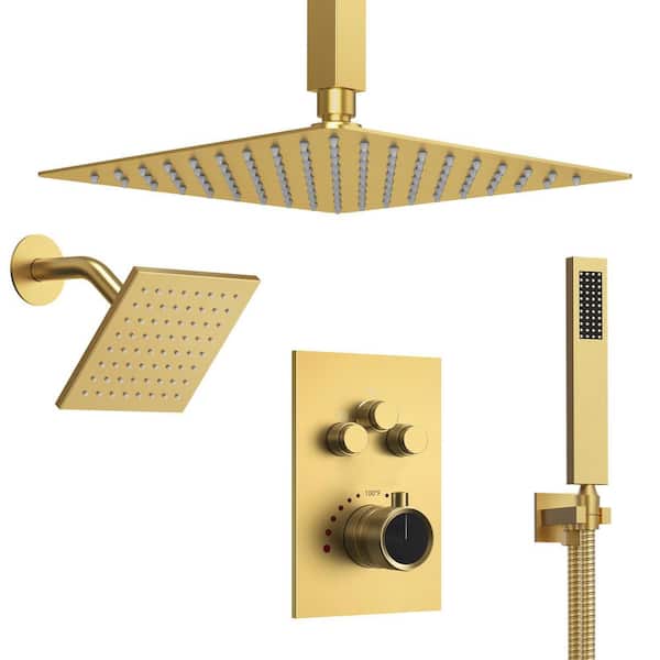 EVERSTEIN 7-Spray Patterns Thermostatic 12 in., 6 in. Ceiling Mount Fixed and Handheld Shower Head in Brushed Gold