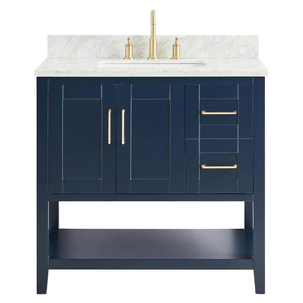 Waldorf 36 in. W x 21 in. D x 34 in. H Free Standing Bath Vanity in Navy with Carrara Marble Counter Top, Blue