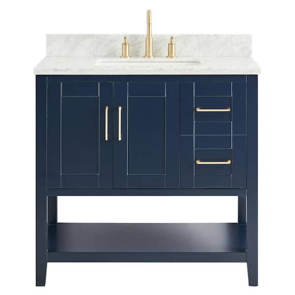 Unbranded Waldorf 36 in. W x 21 in. D x 34 in. H Free Standing Bath Vanity in Navy with Carrara Marble Counter Top