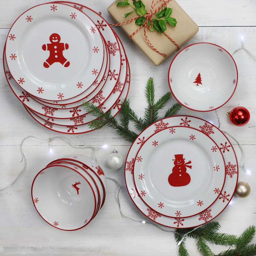 Winterfest Red and White Ceramic Holiday Dinnerware Set, Service for 4