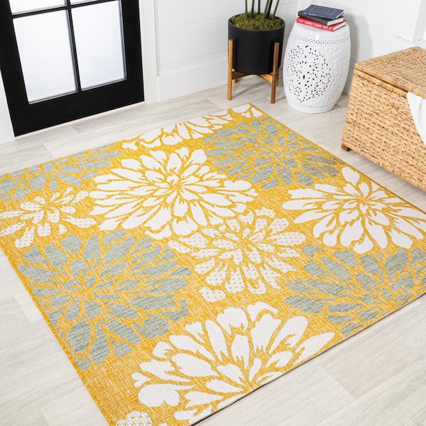 JONATHAN Y Zinnia Modern Floral Textured Weave Yellow/Cream 5 ft. Square Indoor/Outdoor Area Rug