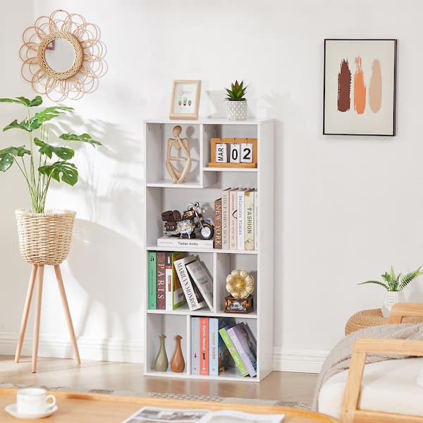Bookshelf, Bookcase with 7 Open Adjustable Storage Cubes, Floor Standing Unit, Side Table Bookcase, White