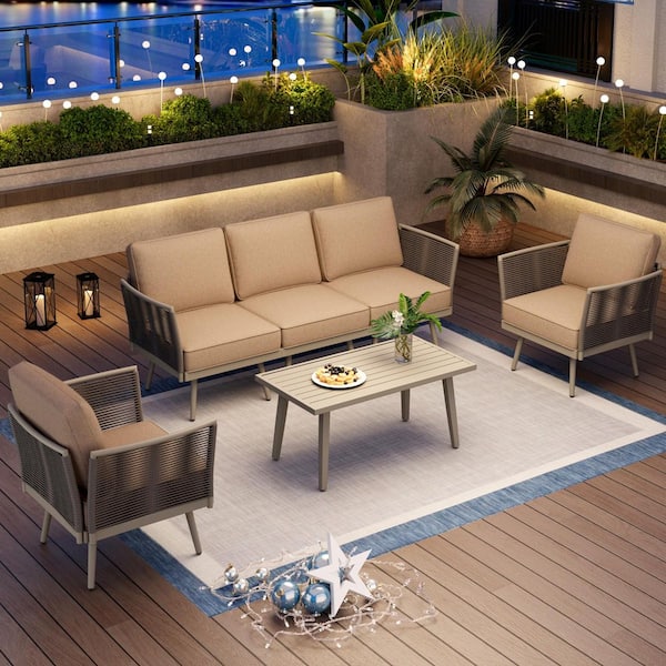 Gray Wicker Rattan 5 Seat 6-Piece Steel Outdoor Patio Conversation Sectional Set with Beige Cushions and Coffee Table