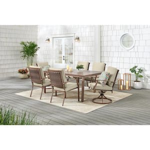 Geneva 7-Piece Brown Wicker Outdoor Patio Dining Set with CushionGuard Putty Tan Cushions