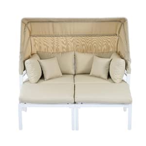 White 3-Piece Metal Outdoor Day Bed Sectional Sofa Set with Retractable Canopy and Beige Cushions