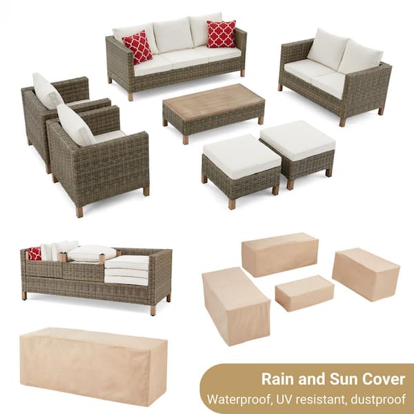 7-Piece Wicker Patio Conversation Set with Beige Cushions