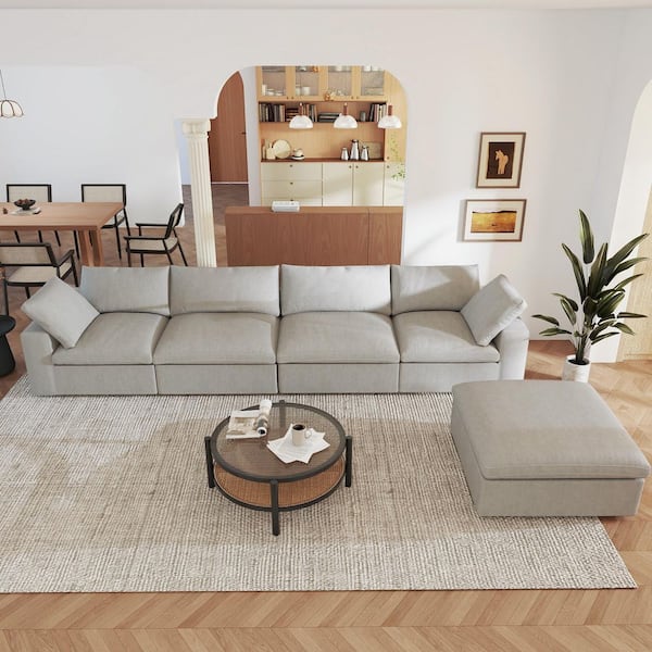 Storage 157 in. Square Arm Down Filled Linen 4-Seater Cloud Modular Tuxedo Sofa in Gray with Ottoman, Removable Covers