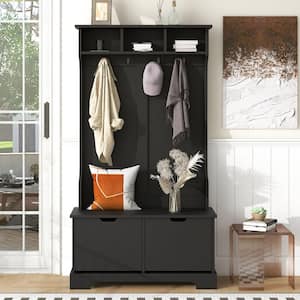 All in One 71 in. Hall Tree Wood Hallway Organizer with Top Shelves and Flip Drawers, with Bench and Metal Hooks, Black