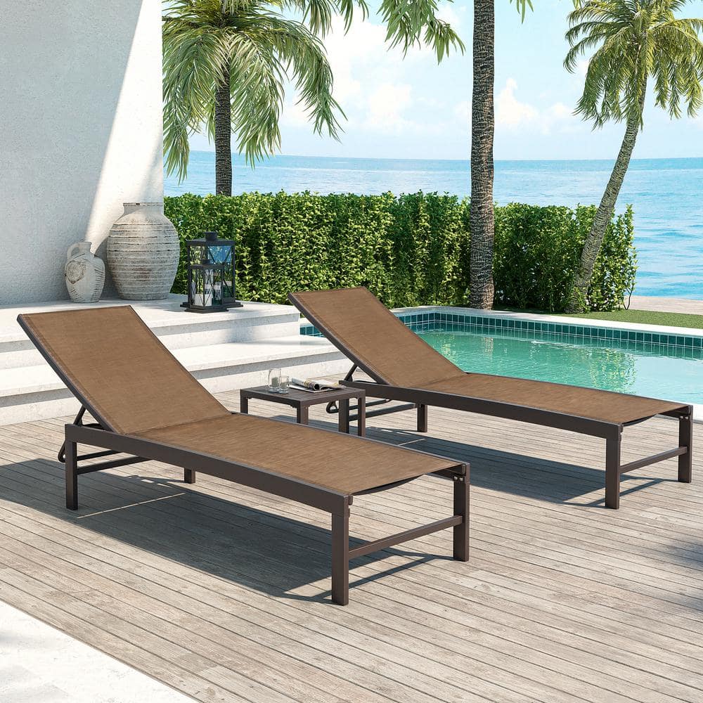 Ergonomic Outdoor Aluminum Lounge Set with Adjustable Chairs & Side Table - Brown