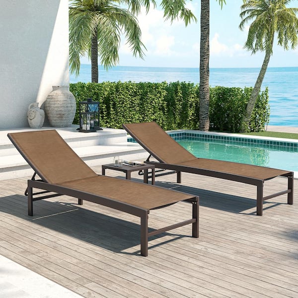 Crestlive Products 3-Piece Coffee Adjustable Aluminum Metal Leisure Outdoor Chaise Lounge Set with Square Side Table