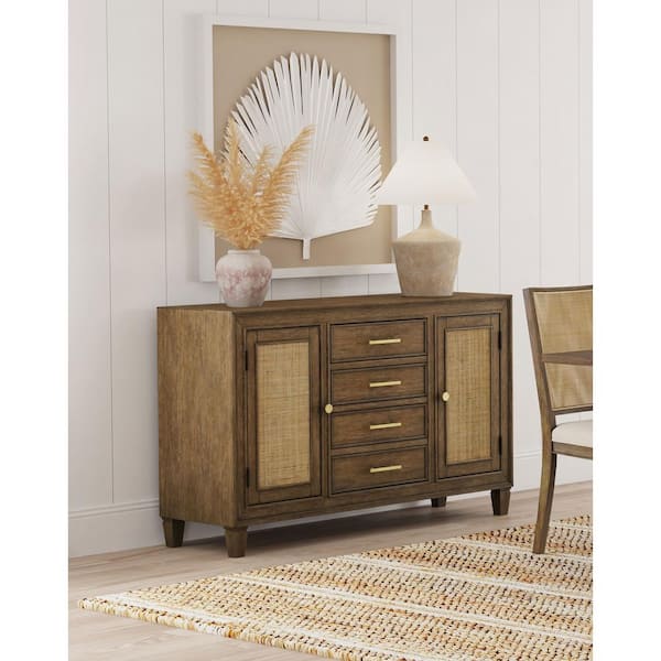 Matisse Light Brown Wood Top 56 in. Dining Sideboard Buffet Cabinet with 4 Drawers and 4 Doors