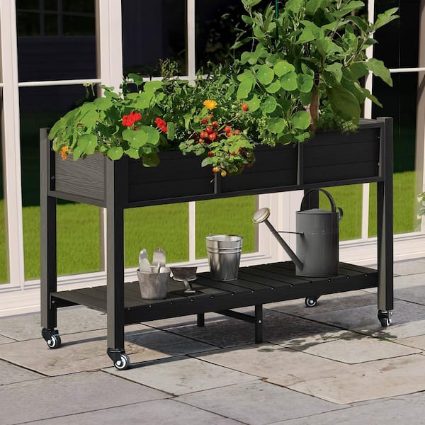 46 in. x 17 in. x 31 in. HIPS Plastic Raised Garden Bed with Shelf and Lockable Wheels