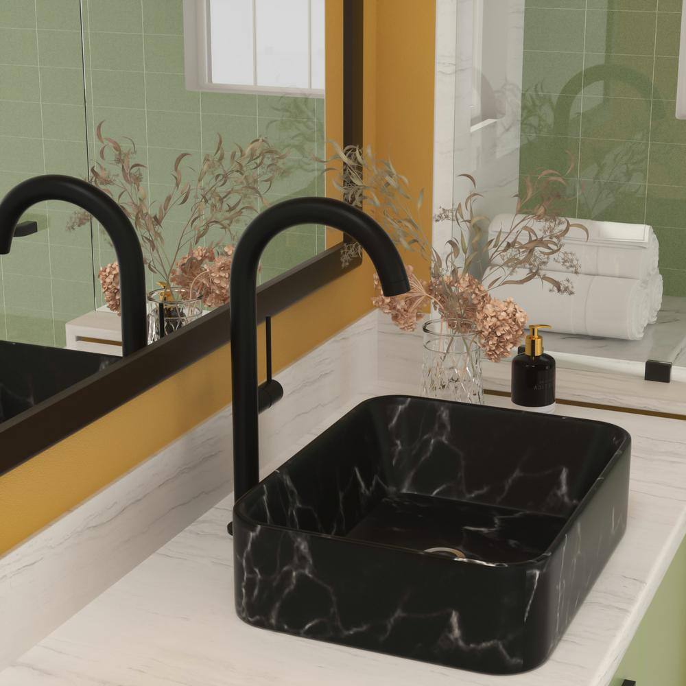 Black and Gray Marble Ceramic Rectangular Vessel Sink