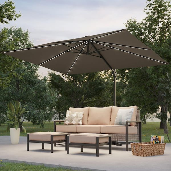 10 x 8 ft. Metal Solar-powered Cantilever Patio Umbrella with 360° Rotation and Canopy Angle Adjustment in Taupe