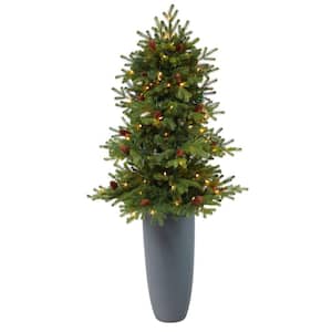 5 ft. Green Pre-Lit Fir Artificial Christmas Tree with 100 Clear Lights, Pine Cones and 386 Bendable Branches in Planter