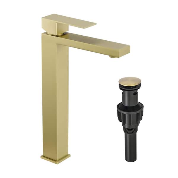 Single Handle Vessel Sink Faucet with Pop Up Drain, Single Hole Tall Bathroom Faucet in Brushed Gold