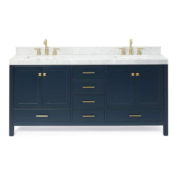 Cambridge 72 in. Double Sink Freestanding Bathroom Vanity in Midnight Blue with Carrara White Marble Top
