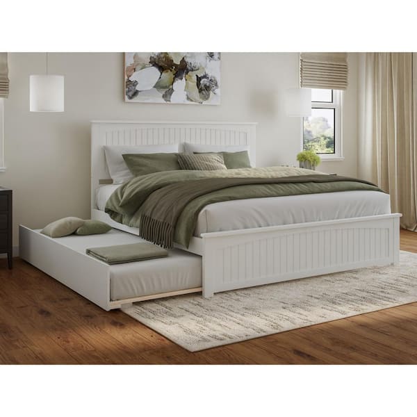 Nantucket White Solid Wood Frame King Platform Bed with Matching Footboard and Twin XL Trundle