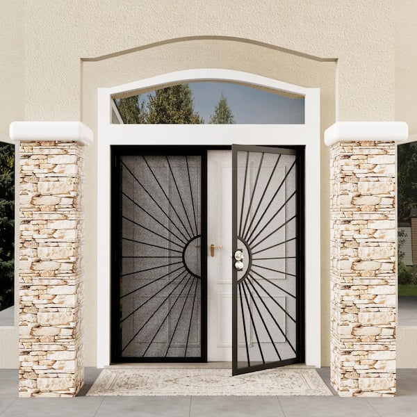 72 in. x 80 in. Universal/Reversible Hinging Black Surface Mount Steel Security Door with Perforated Metal Screen