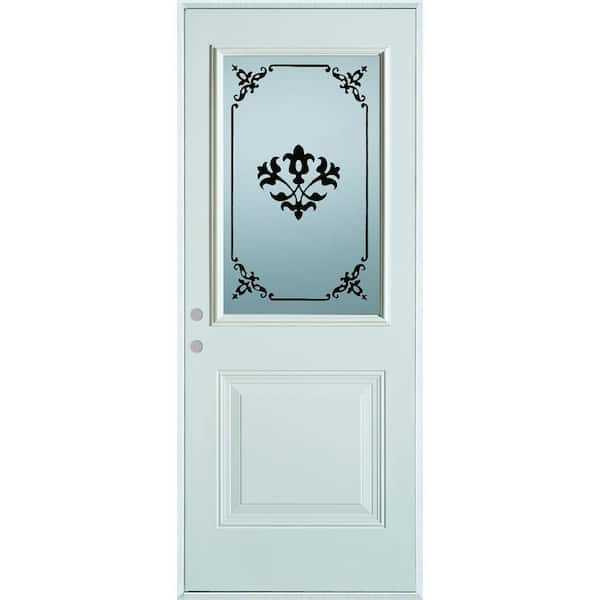 Stanley Doors 32 in. x 80 in. Neo-Deco Zinc Full Lite Painted White Left-Hand Inswing Steel Prehung Front Door, Prefinished White/Zinc Glass Caming