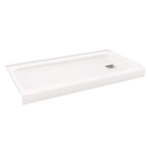 ShowerCast 60 in. x 30 in. Single Threshold Shower Pan in White with Modern Square Chrome Shower Drain Cover Right Drain