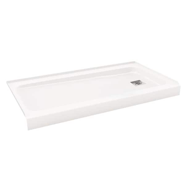Bootz Industries ShowerCast 60 in. x 30 in. Single Threshold Shower Pan in White with Modern Square Chrome Shower Drain Cover Right Drain