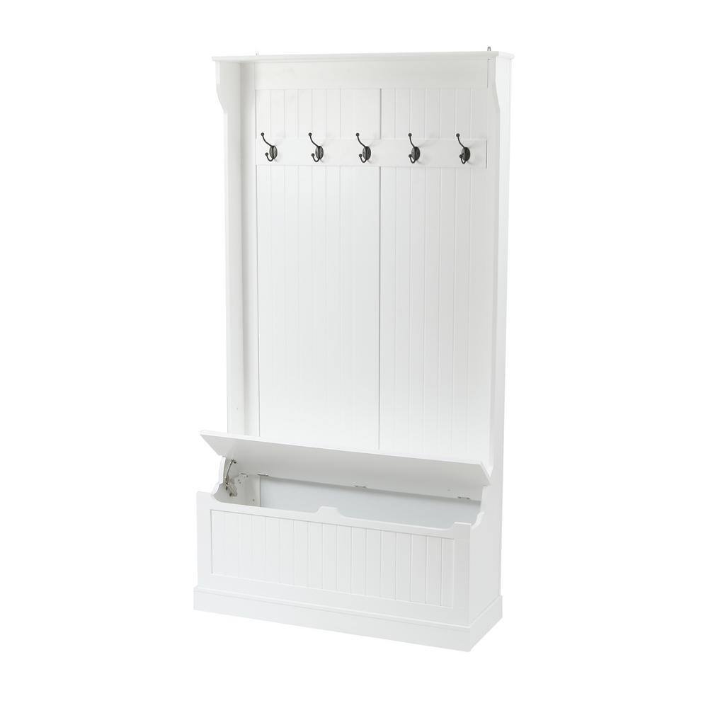Bright White MDF Hall Tree with Storage Bench and Coat Hooks