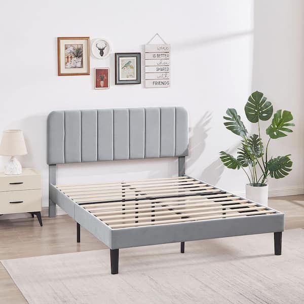 VECELO Upholstered Bed, Light Gray Queen Bed Platform Bed