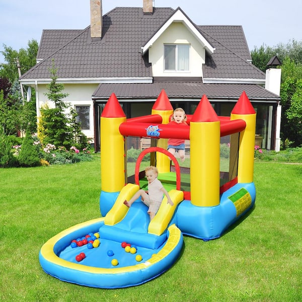 Inflatable Bounce House Kids Slide Jumping Castle Pool with Balls and 580-Watt Blower