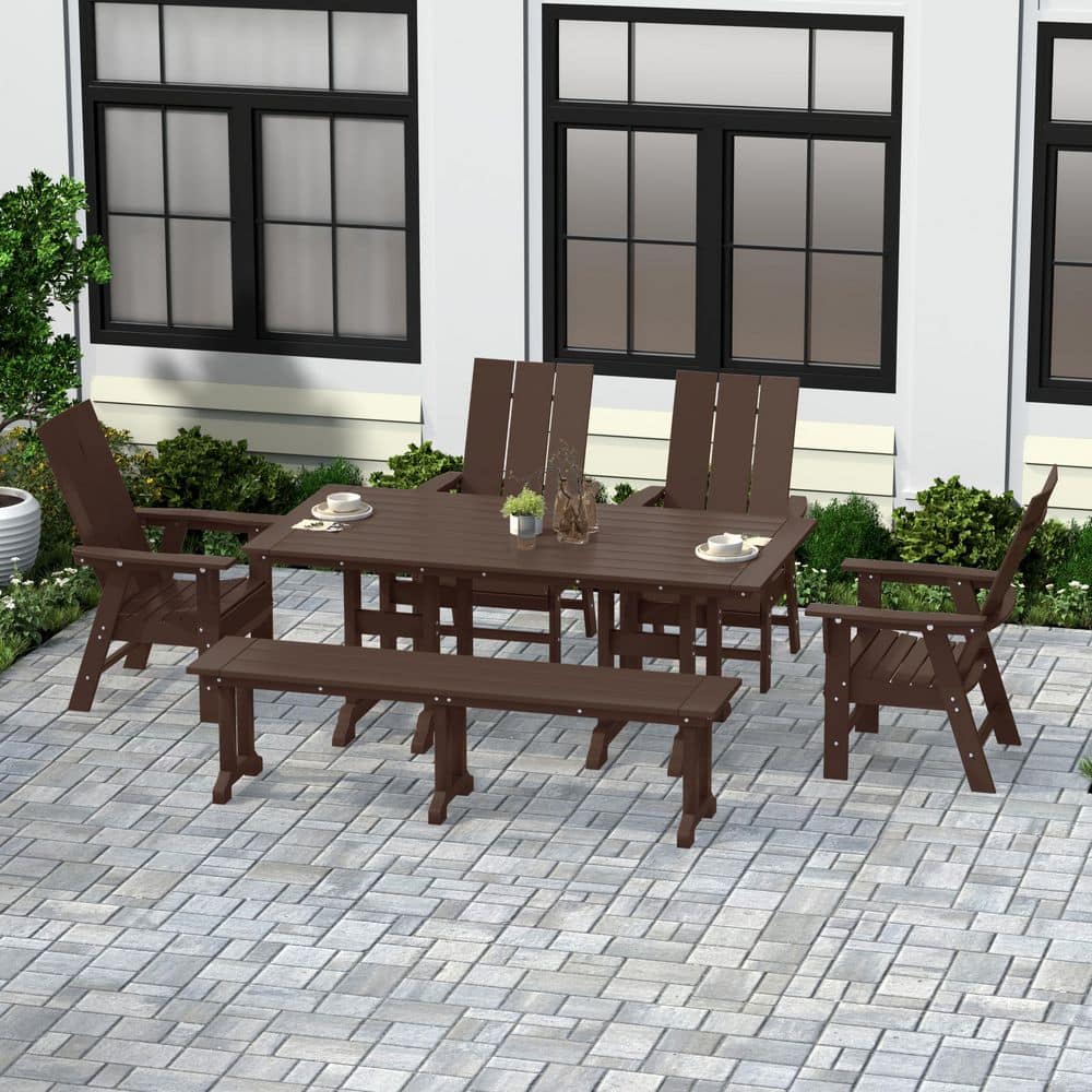 Shoreside Outdoor Patio Weather Resistant Dark Brown 6-Piece HDPE Plastic Adirondack Dining Set with Bench price history on PriceWatchPro