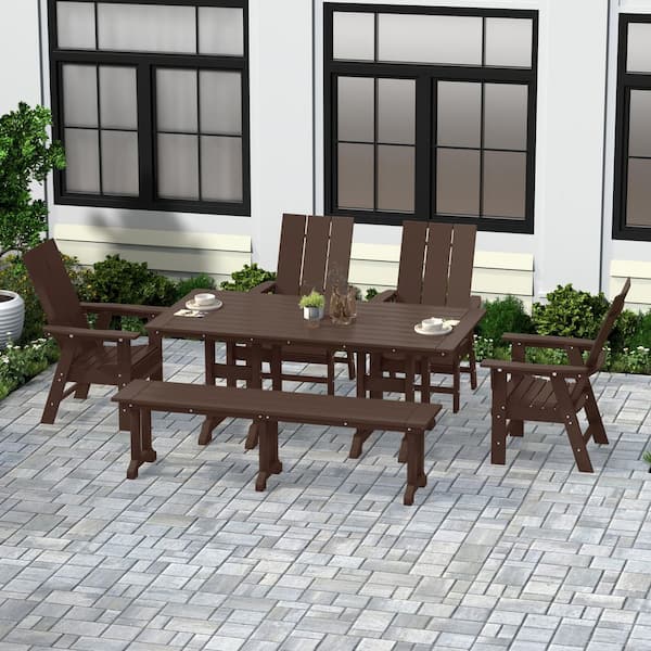 WESTIN OUTDOOR Shoreside Outdoor Patio Weather Resistant Dark Brown 6-Piece HDPE Plastic Adirondack Dining Set with Bench